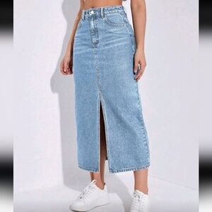 SHEIN Blue Denim Midi Front Slit Skirt